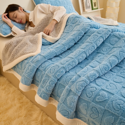 21度C 2023新款爱心舒棉绒复合毯盖毯毛毯 爱心包边款-湖兰