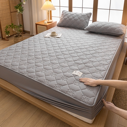 米粒家纺 2023新款A类大豆纤维夹棉床笠系列 幸运花-浅灰