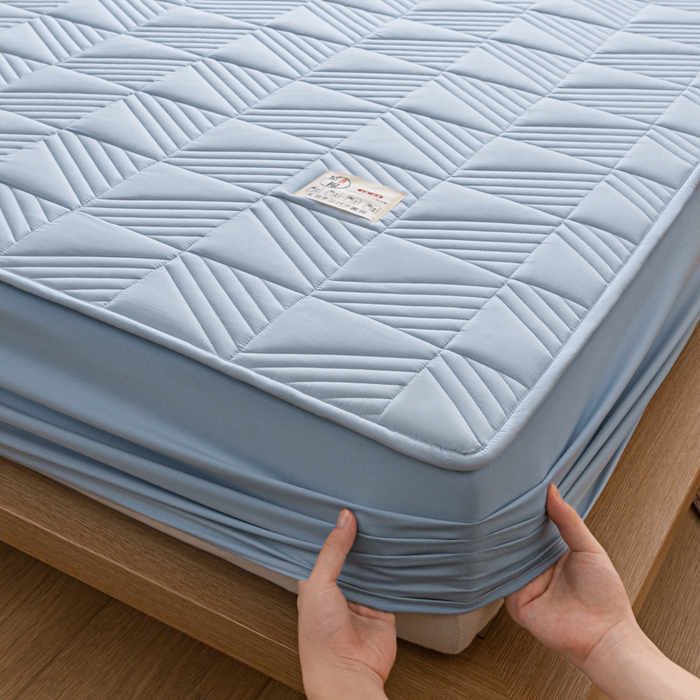 91家纺网 家纺一手货源 找家纺 米粒家纺 2023新款A类大豆纤维夹棉床笠系列 格调-蓝