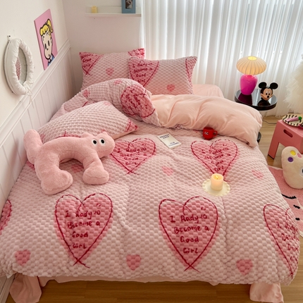 91家纺网 家纺一手货源 找家纺 （总）顾里家纺 2023新款ins韩风牛奶豆豆绒奶油色系四件套