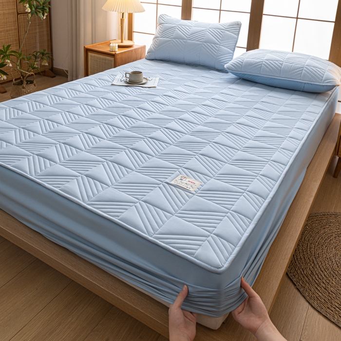 91家纺网 家纺一手货源 找家纺 米粒家纺 2023新款A类大豆纤维夹棉床笠系列 格调-蓝