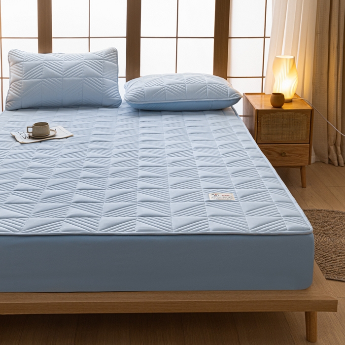 91家纺网 家纺一手货源 找家纺 米粒家纺 2023新款A类大豆纤维夹棉床笠系列 格调-蓝