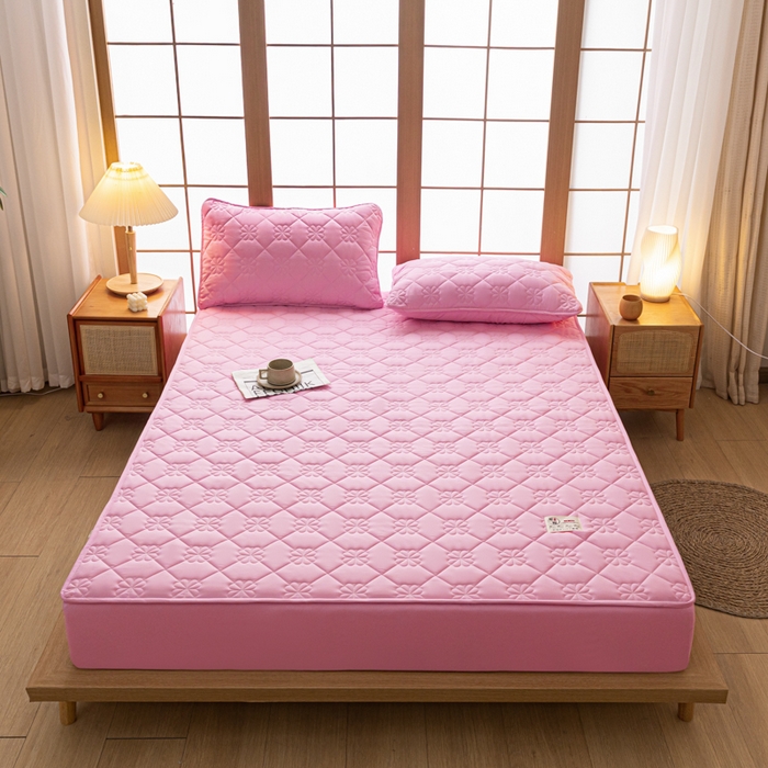 91家纺网 家纺一手货源 找家纺 米粒家纺 2023新款A类大豆纤维夹棉床笠系列 幸运花-粉