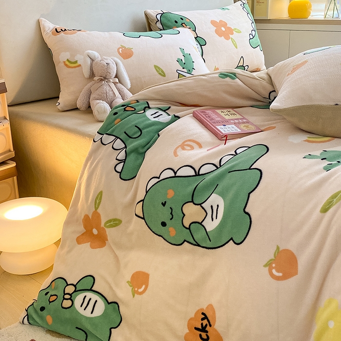 91家纺网 家纺一手货源 找家纺 沐辰 2023新款牛奶绒印花四件套 爱心恐龙