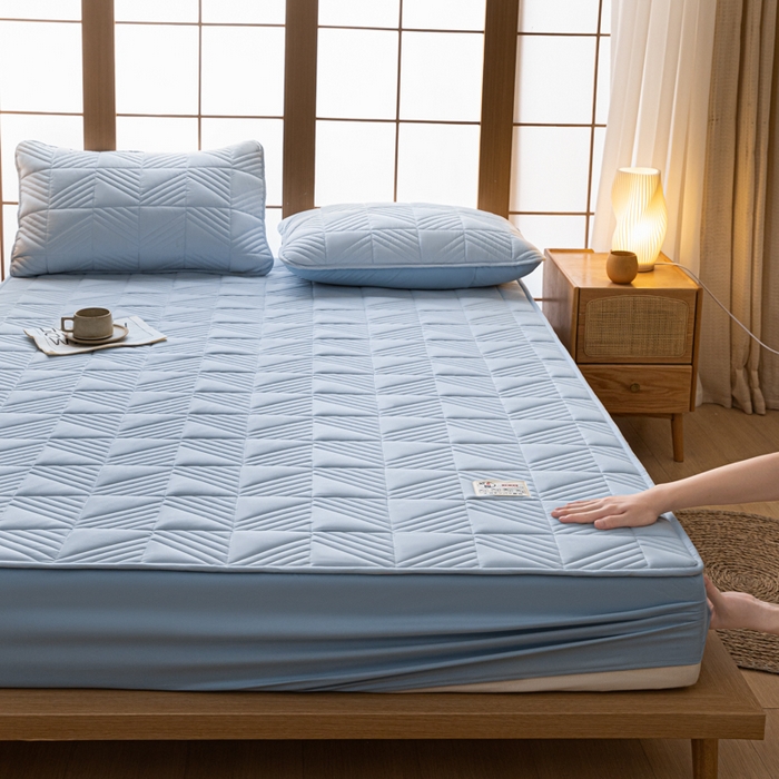 91家纺网 家纺一手货源 找家纺 米粒家纺 2023新款A类大豆纤维夹棉床笠系列 格调-蓝