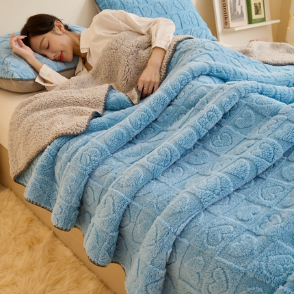 21度C 2023新款爱心舒棉绒复合毯盖毯毛毯 爱心三角针-湖兰