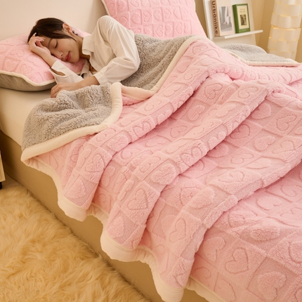 21度C 2023新款爱心舒棉绒复合毯盖毯毛毯 爱心包边款-浅粉