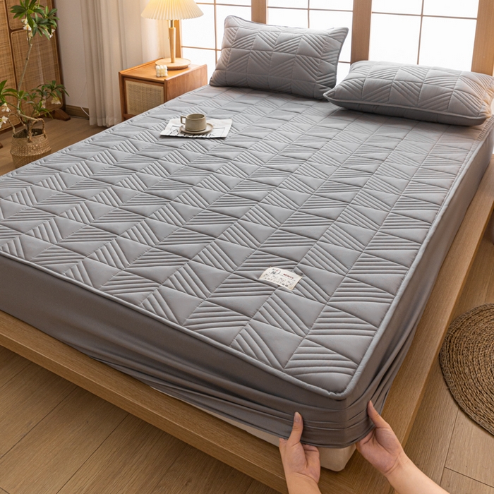 91家纺网 家纺一手货源 找家纺 米粒家纺 2023新款A类大豆纤维夹棉床笠系列 格调-浅灰