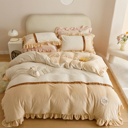 胜权家纺   2023秋冬新款加厚牛奶绒5D雕花刺绣夹棉单床裙单件保暖床裙三件套四件套 奶咖