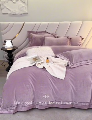 91家纺网 家纺一手货源 找家纺 榻尚 2023婴肤绒镂空设计拼边工艺款四件套-佳梦系列 佳梦-藕色