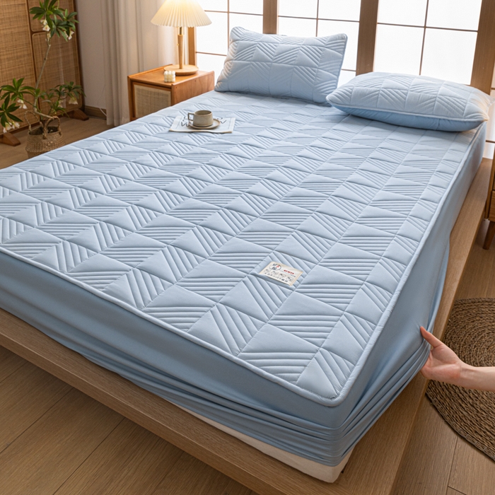 91家纺网 家纺一手货源 找家纺 米粒家纺 2023新款A类大豆纤维夹棉床笠系列 格调-蓝