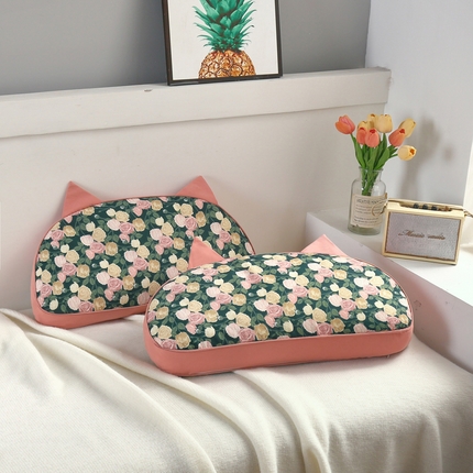 明星枕业 2023新款水洗棉格子花草枕猫耳朵荞麦壳枕头 满园玫瑰