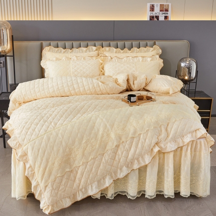 网红馆 2025新款可拆卸天鹅绒夹棉床裙四件套-城市魅影 城市魅影 瓷白