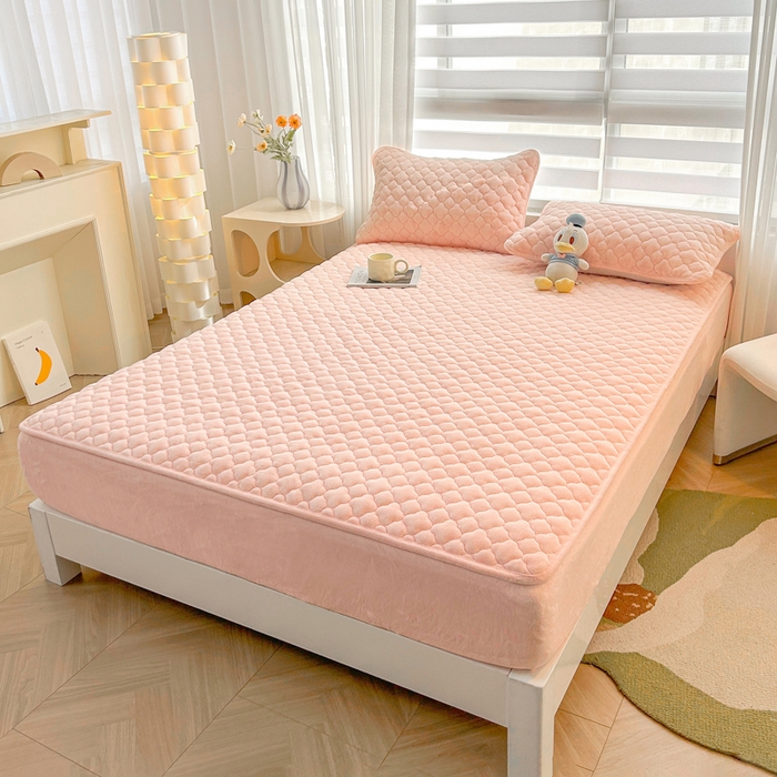 91家纺网 家纺一手货源 找家纺 梵朴 2023新款牛奶绒夹棉床笠 纯色-藕粉色