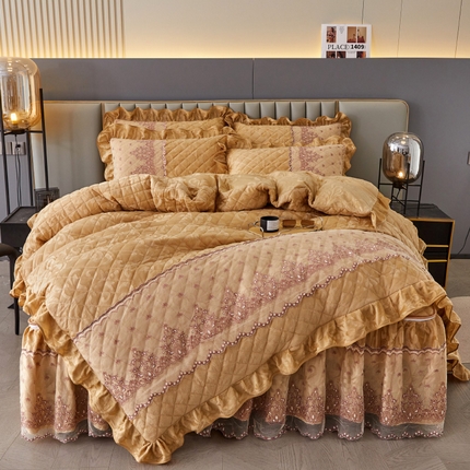 网红馆 2025新款可拆卸天鹅绒夹棉床裙四件套-城市魅影 城市魅影 姜黄