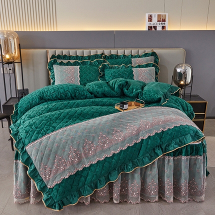网红馆 2025新款可拆卸天鹅绒夹棉床裙四件套-城市魅影 城市魅影 翠绿
