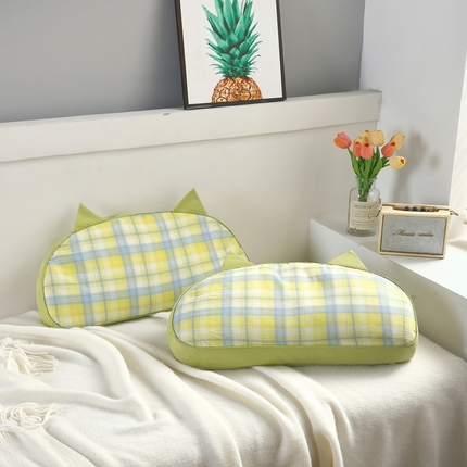 明星枕业 2023新款水洗棉格子花草枕猫耳朵荞麦壳枕头 维希格绿