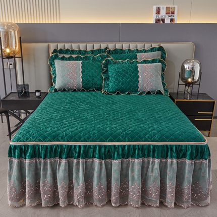 网红馆 2025新款可拆卸天鹅绒夹棉床裙三件套-城市魅影 城市魅影 翠绿