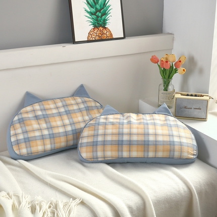 明星枕业 2023新款水洗棉格子花草枕猫耳朵荞麦壳枕头 维希格蓝卡其