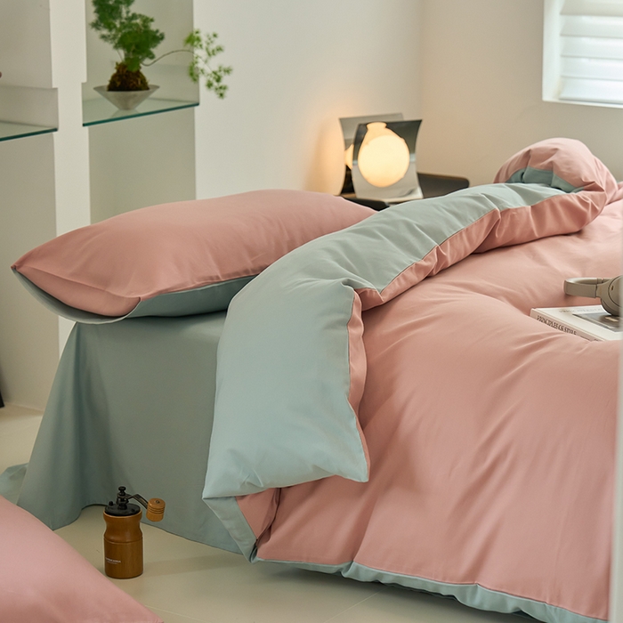 91家纺网 家纺一手货源 找家纺 沐白家居 2023火山小磨毛拼色基础款四件套 紫黛