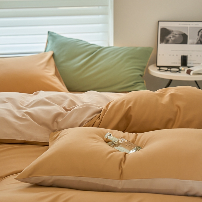 91家纺网 家纺一手货源 找家纺 沐白家居 2023火山小磨毛拼色基础款四件套 耀金