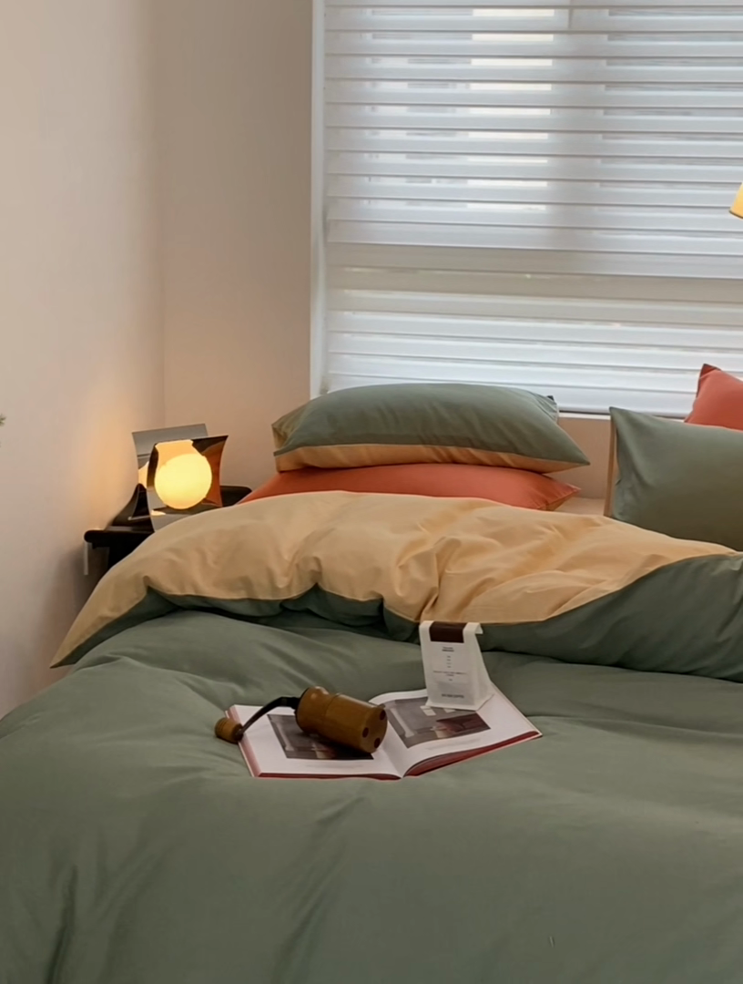 91家纺网 家纺一手货源 找家纺 沐白家居 2023火山小磨毛拼色基础款四件套 松风