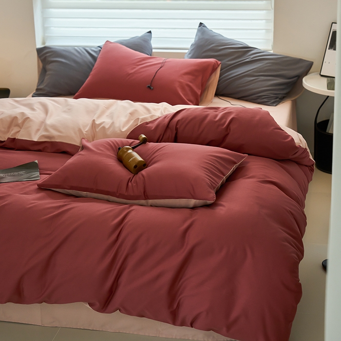 91家纺网 家纺一手货源 找家纺 沐白家居 2023火山小磨毛拼色基础款四件套 维粉