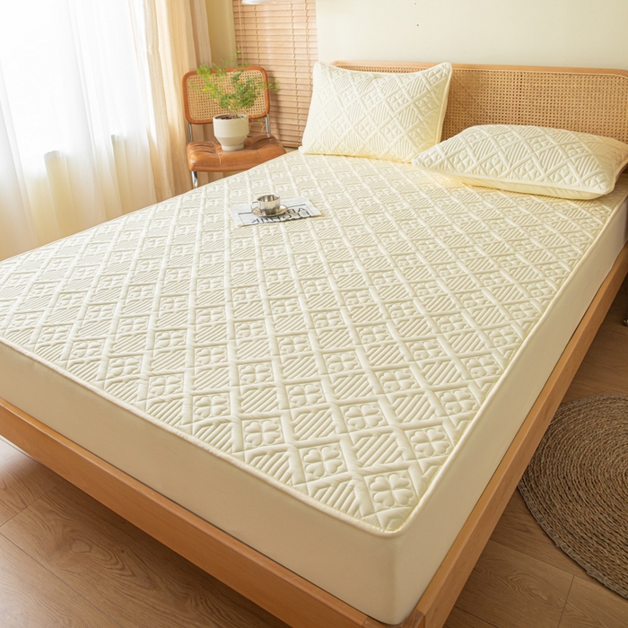 91家纺网 家纺一手货源 找家纺 吉祥家纺 2023新款水洗棉夹棉床笠 四叶草-黄