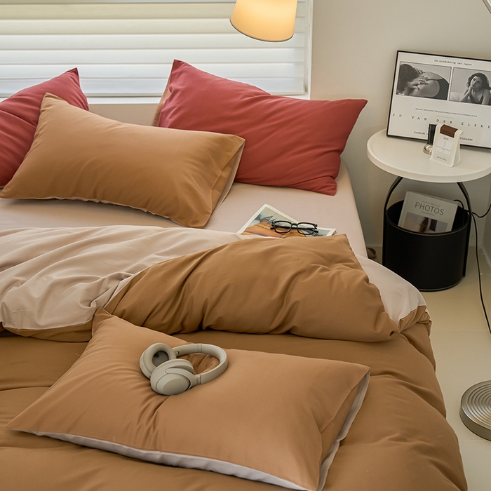 91家纺网 家纺一手货源 找家纺 沐白家居 2023火山小磨毛拼色基础款四件套 桦茶