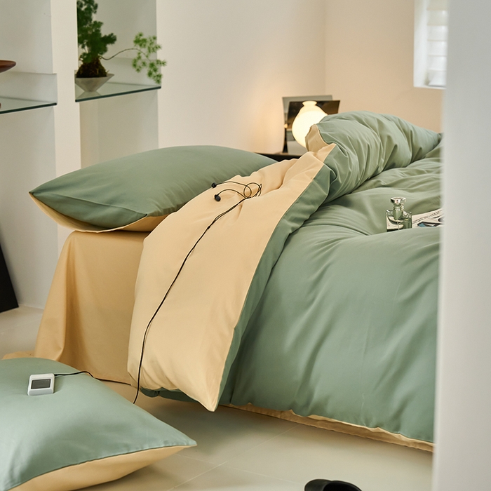 91家纺网 家纺一手货源 找家纺 沐白家居 2023火山小磨毛拼色基础款四件套 松风