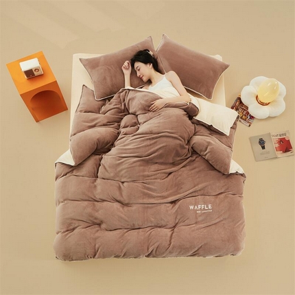 吾诺 2023秋冬贝壳边华夫格牛奶绒四件套-纯净版拍摄风格深驼-奶昔白