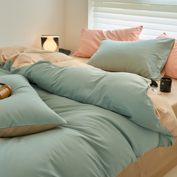 91家纺网 家纺一手货源 找家纺 沐白家居 2023火山小磨毛拼色基础款四件套 蓝黛