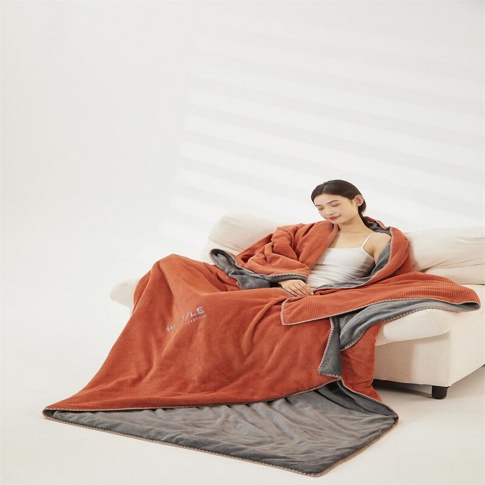 91家纺网 家纺一手货源 找家纺 吾诺 2023秋冬华夫格牛奶绒毯子 毛毯床单床笠单品系列-多功能绒毯 焦糖咖-深灰