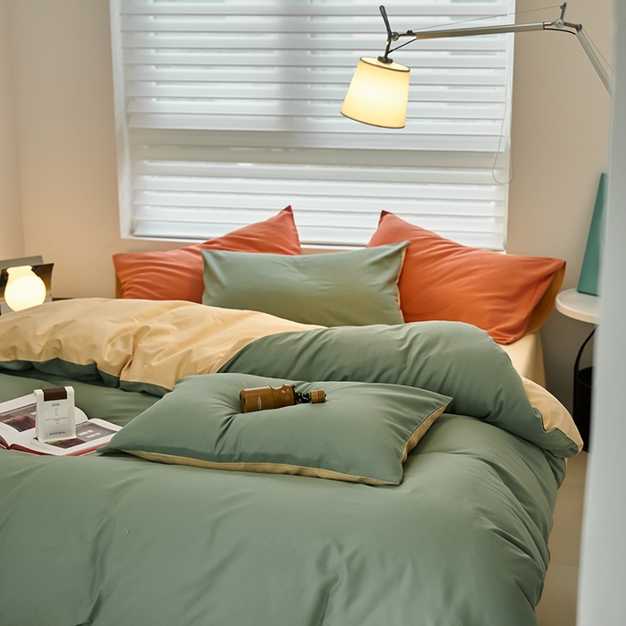 91家纺网 家纺一手货源 找家纺 沐白家居 2023火山小磨毛拼色基础款四件套 松风