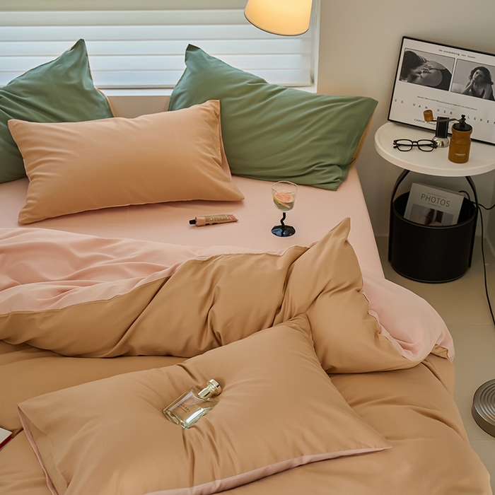 91家纺网 家纺一手货源 找家纺 沐白家居 2023火山小磨毛拼色基础款四件套 奶咖