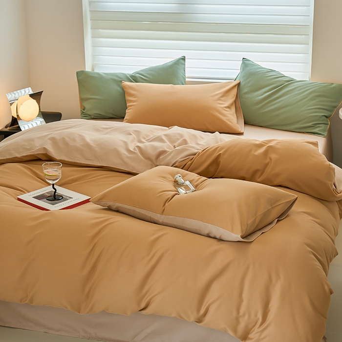 91家纺网 家纺一手货源 找家纺 沐白家居 2023火山小磨毛拼色基础款四件套 耀金