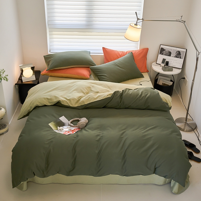 91家纺网 家纺一手货源 找家纺 沐白家居 2023火山小磨毛拼色基础款四件套 木森