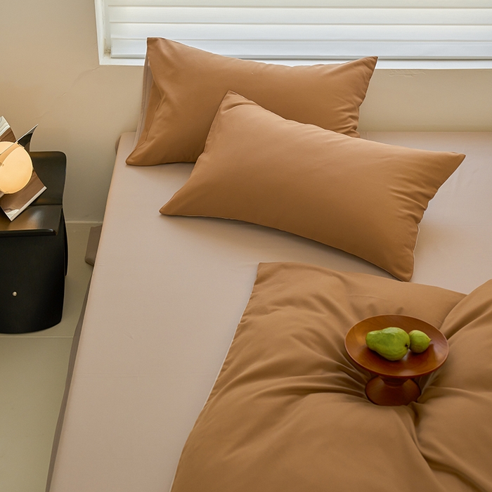 91家纺网 家纺一手货源 找家纺 沐白家居 2023火山小磨毛拼色基础款四件套 桦茶