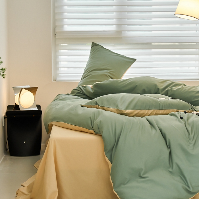 91家纺网 家纺一手货源 找家纺 沐白家居 2023火山小磨毛拼色基础款四件套 松风