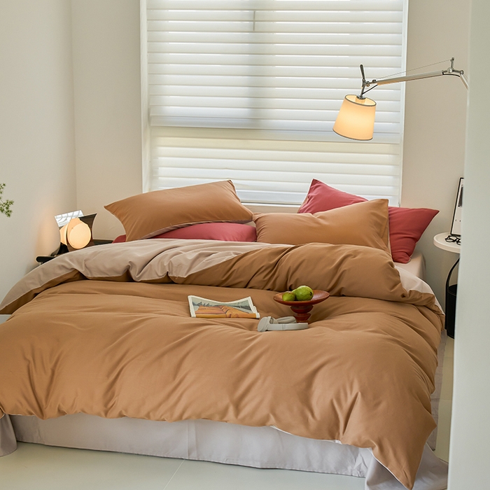 91家纺网 家纺一手货源 找家纺 沐白家居 2023火山小磨毛拼色基础款四件套 桦茶