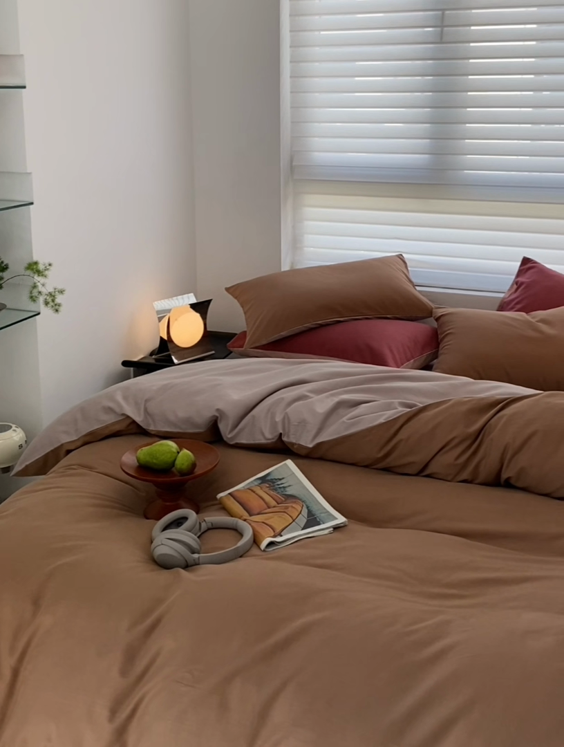 91家纺网 家纺一手货源 找家纺 沐白家居 2023火山小磨毛拼色基础款四件套 桦茶