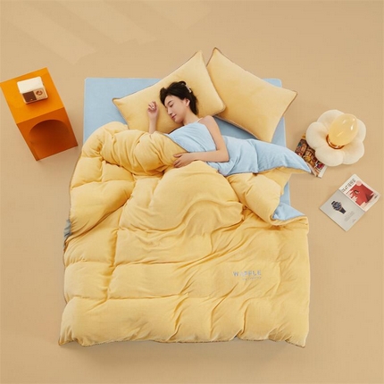 91家纺网 家纺一手货源 找家纺 吾诺2023秋冬贝壳边华夫格牛奶绒四件套-纯净版拍摄风格大豆黄-天空蓝