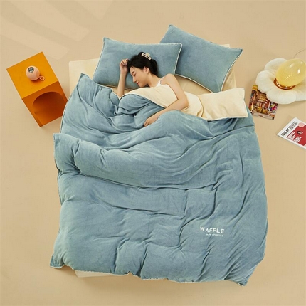 吾诺2023秋冬贝壳边华夫格牛奶绒四件套-纯净版拍摄风格浅灰兰-奶昔白