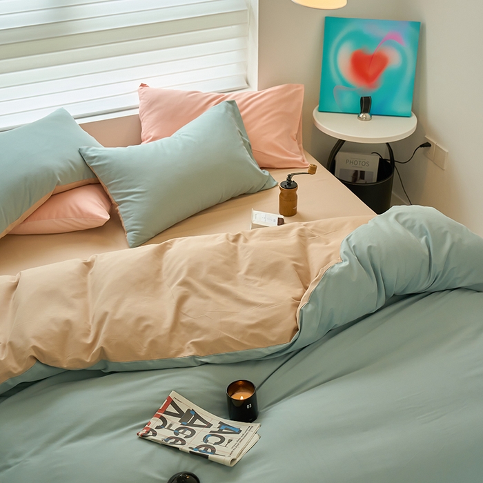 91家纺网 家纺一手货源 找家纺 沐白家居 2023火山小磨毛拼色基础款四件套 蓝黛