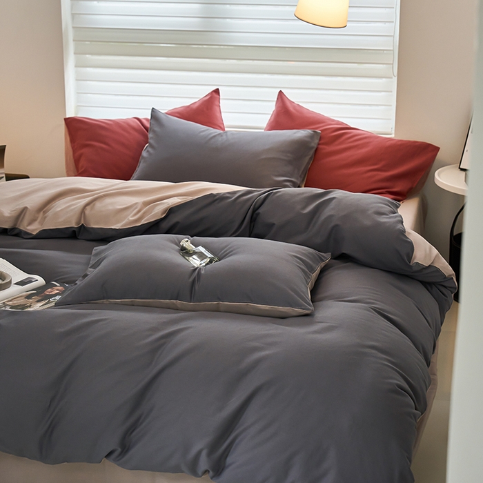 91家纺网 家纺一手货源 找家纺 沐白家居 2023火山小磨毛拼色基础款四件套 钛苏