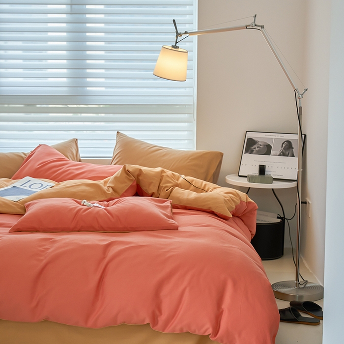 91家纺网 家纺一手货源 找家纺 沐白家居 2023火山小磨毛拼色基础款四件套 暖阳