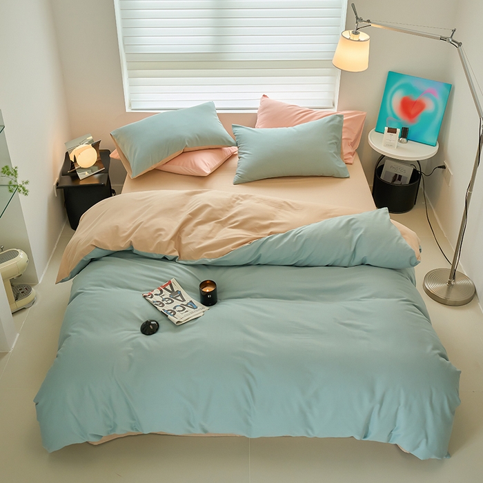 91家纺网 家纺一手货源 找家纺 沐白家居 2023火山小磨毛拼色基础款四件套 蓝黛