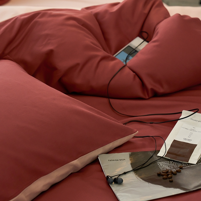 91家纺网 家纺一手货源 找家纺 沐白家居 2023火山小磨毛拼色基础款四件套 维粉