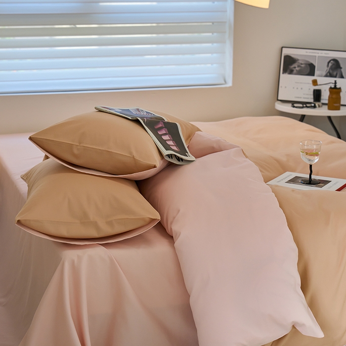 91家纺网 家纺一手货源 找家纺 沐白家居 2023火山小磨毛拼色基础款四件套 奶咖