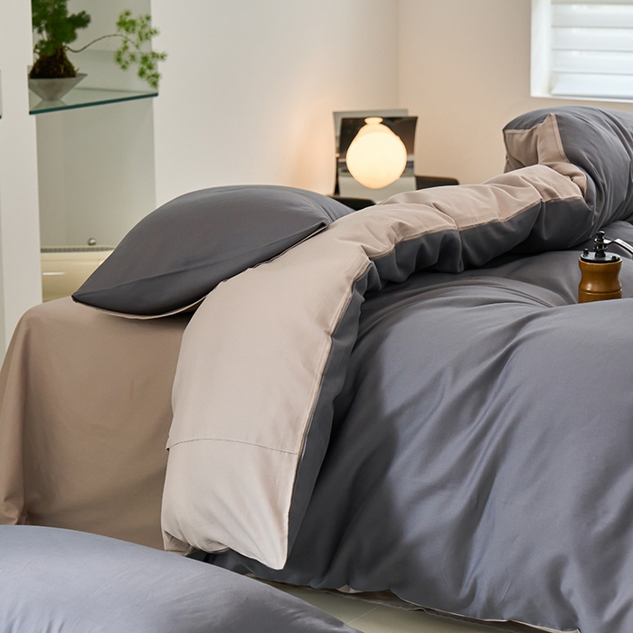 91家纺网 家纺一手货源 找家纺 沐白家居 2023火山小磨毛拼色基础款四件套 钛苏